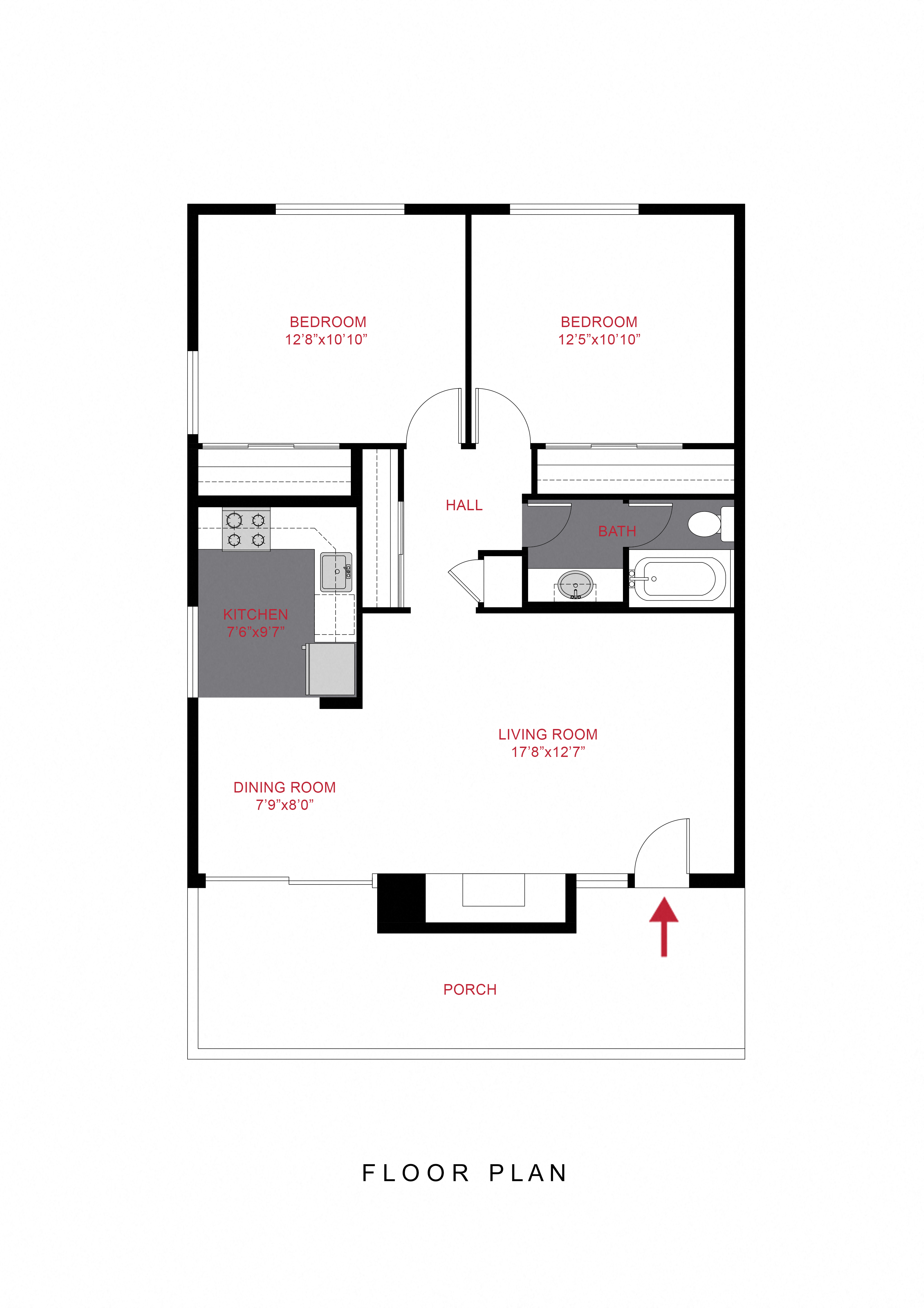 Floor plan for 2 beds, 1 bath, 747 sqft